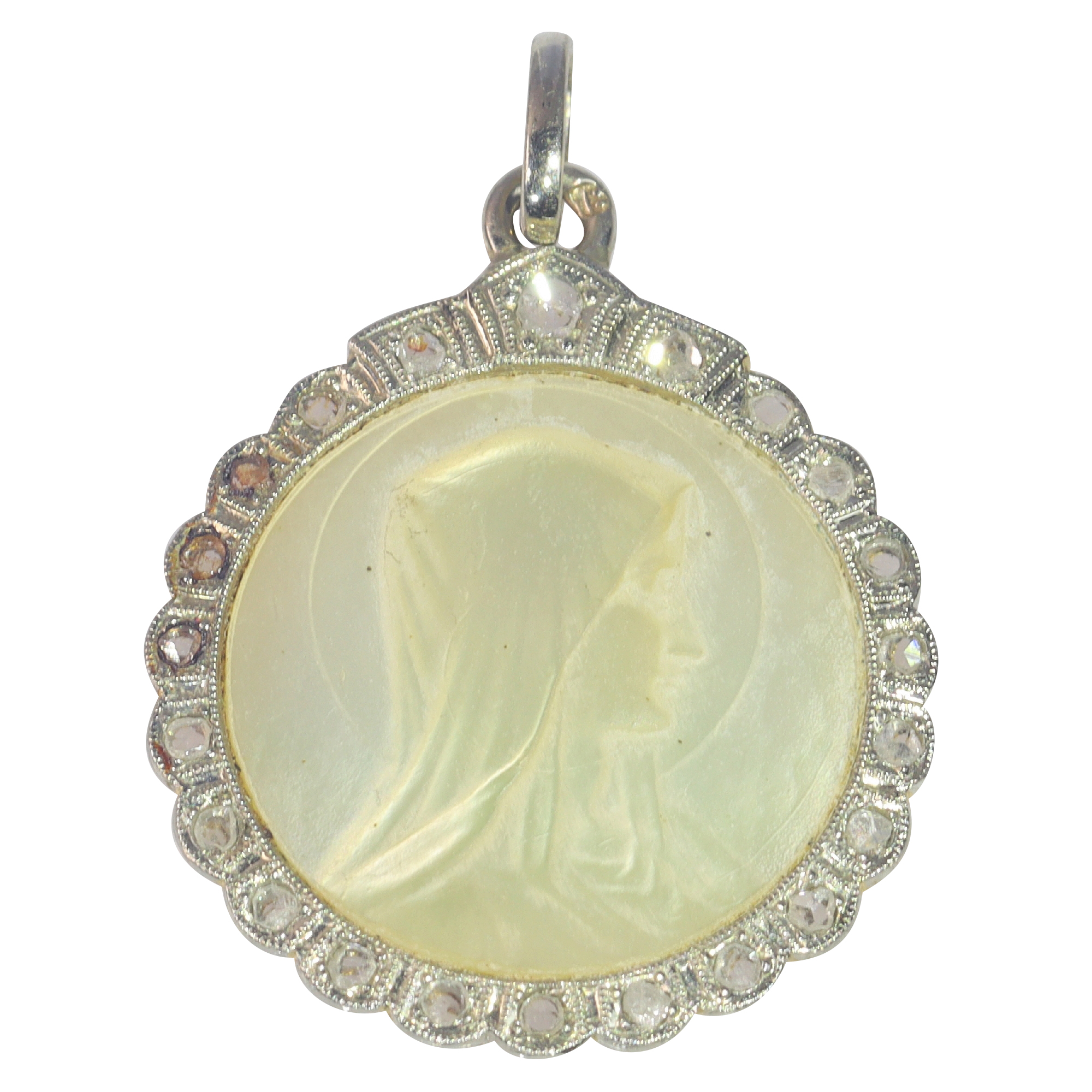 Vintage 1920's Art Deco diamond and plate of mother-of-pearl Mother Mary pendant